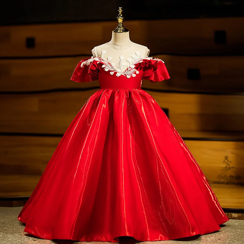 Girls Red Princess Dress Toddler Birthday Party Dress Baby Girl Fluffy Christening Dress Boatneck Modish Everyday