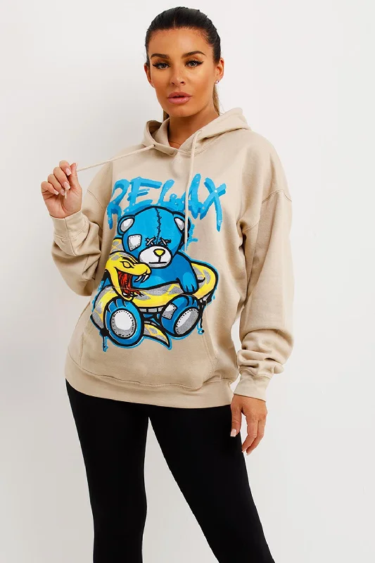 Beige Oversized Hoodie With Teddy Bear Relax Graphics