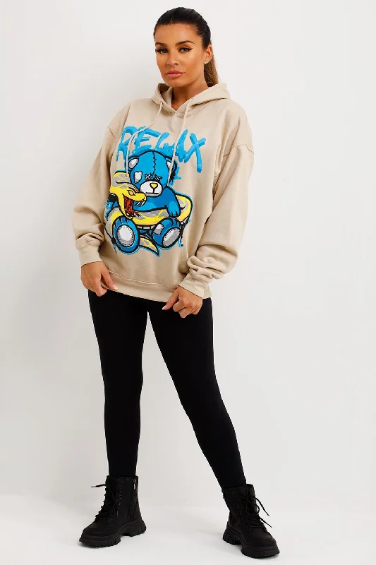 Beige Oversized Hoodie With Teddy Bear Relax Graphics