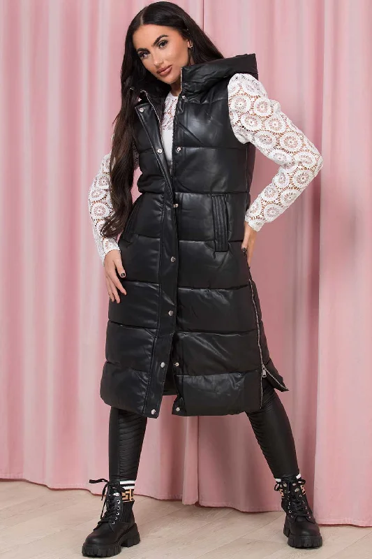 Black Long Faux Leather Puffer Gilet