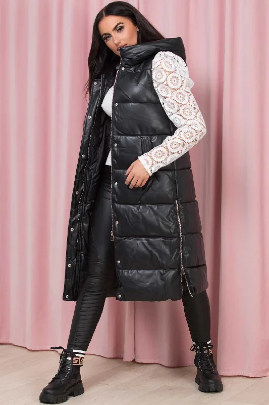 Black Long Faux Leather Puffer Gilet