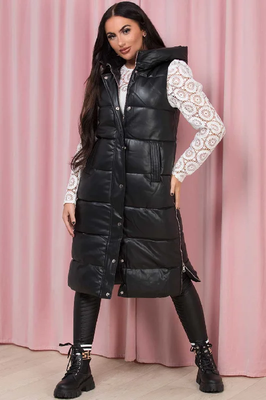 Black Long Faux Leather Puffer Gilet