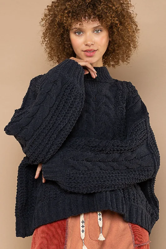 Chunky Cable Knit Mock Neck Sweater by POL - Charcoal