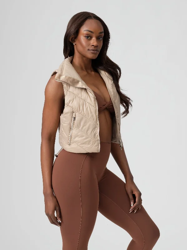 Cinch Waist Puffer Vest - Beige