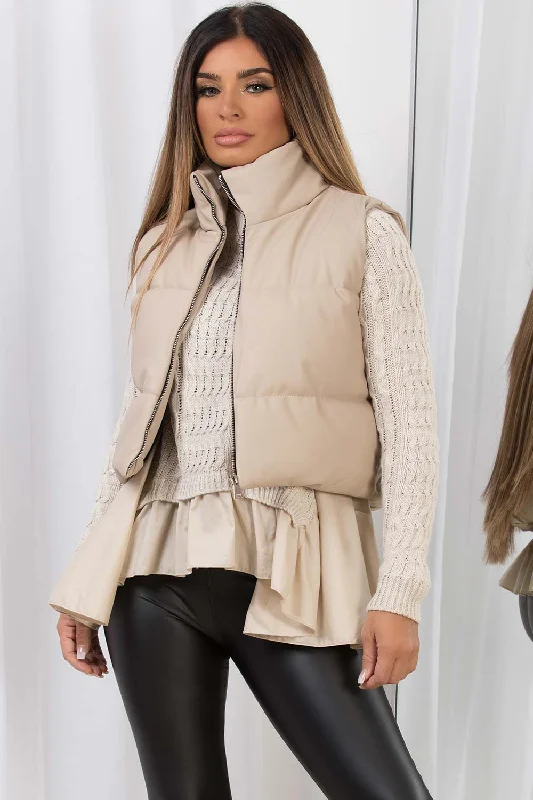 Crop Gilet In Faux Leather Beige