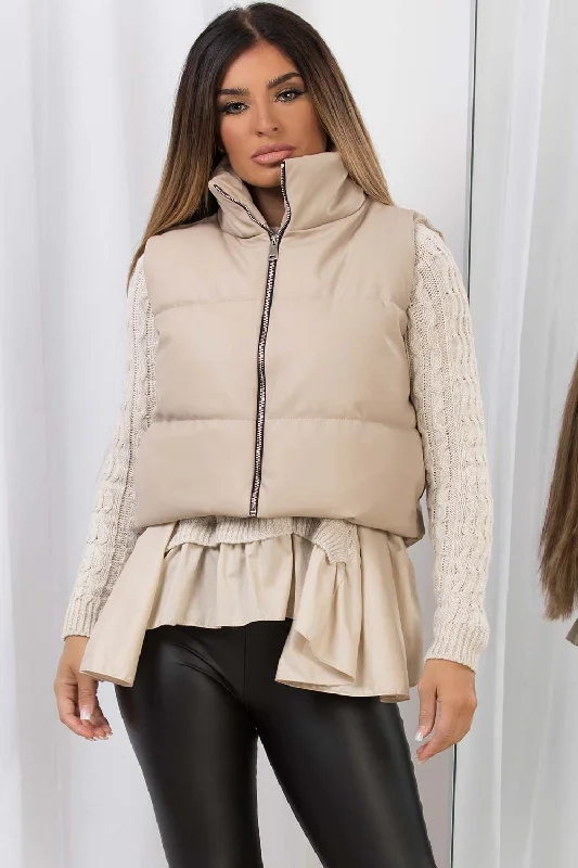 Crop Gilet In Faux Leather Beige