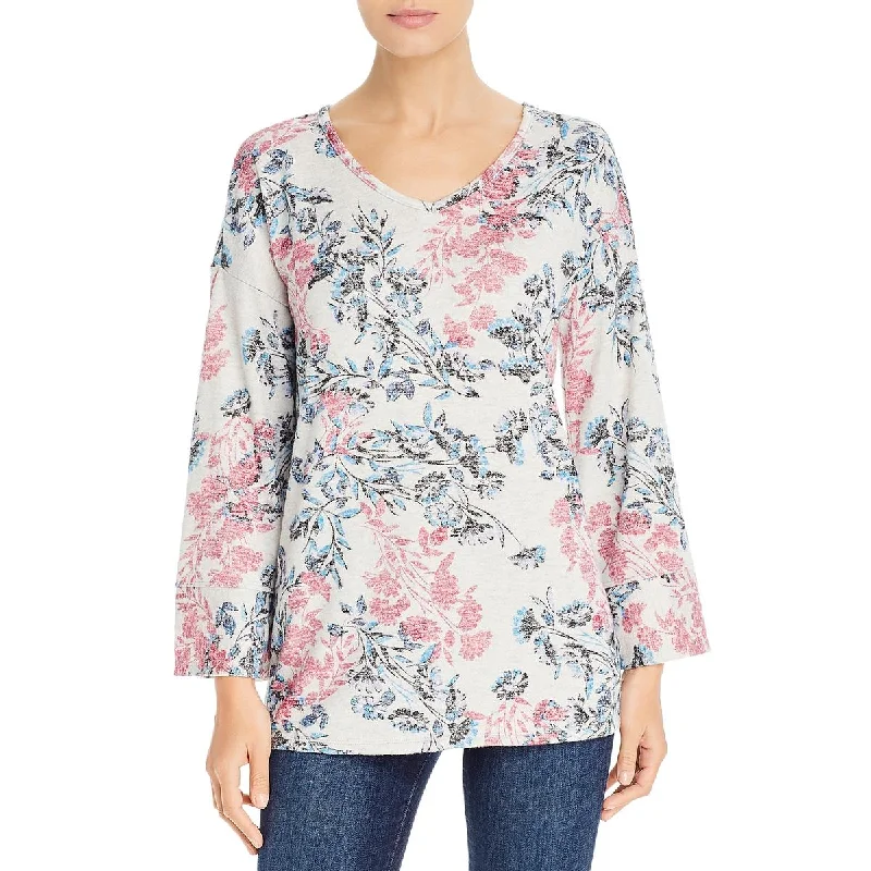 Cupio Blush Womens Floral Fleece V-Neck Sweater