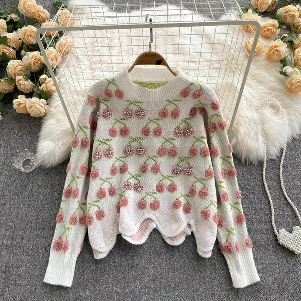 Cute cherry irregular long sleeve sweater     S585