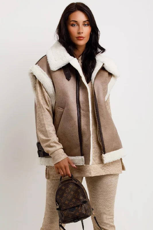 Faux Shearling Aviator Gilet In Faux Leather Beige