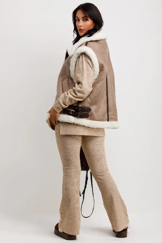 Faux Shearling Aviator Gilet In Faux Leather Beige