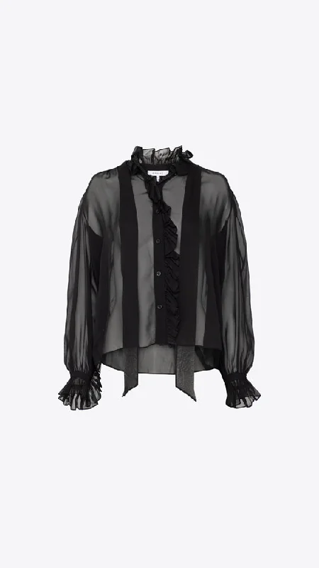 Ruffle Front Button Up Shirt - Noir