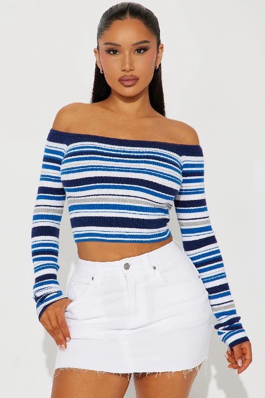 Madisyn Off Shoulder Striped Sweater - Navy/combo