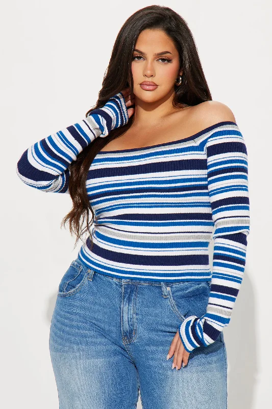 Madisyn Off Shoulder Striped Sweater - Navy/combo