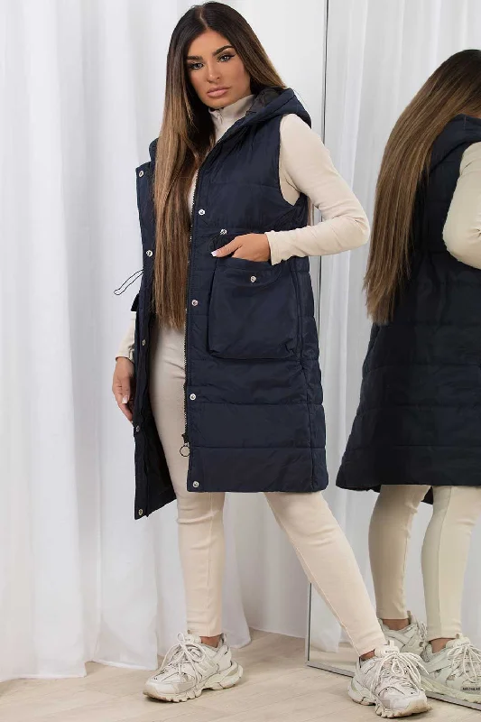 Navy Padded Gilet With Drawstring Waist Longline