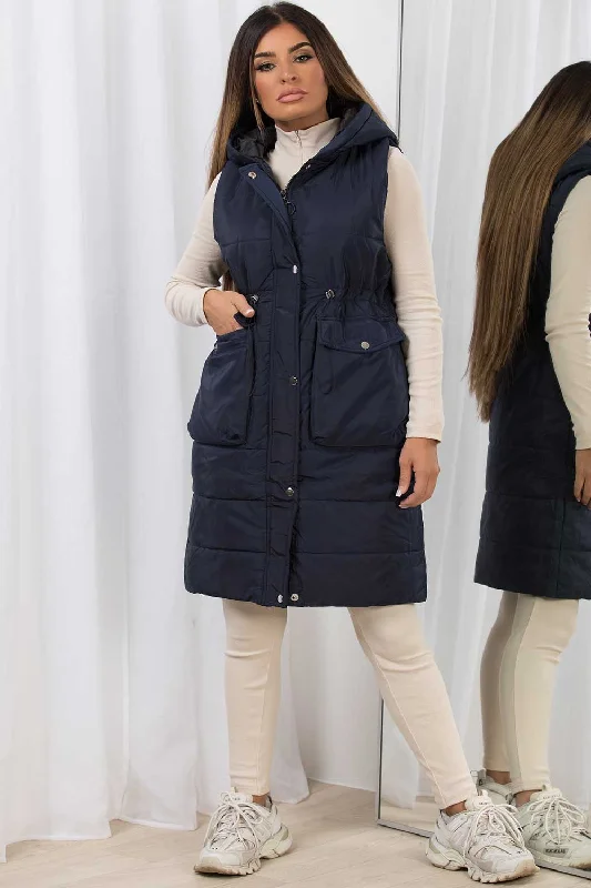 Navy Padded Gilet With Drawstring Waist Longline