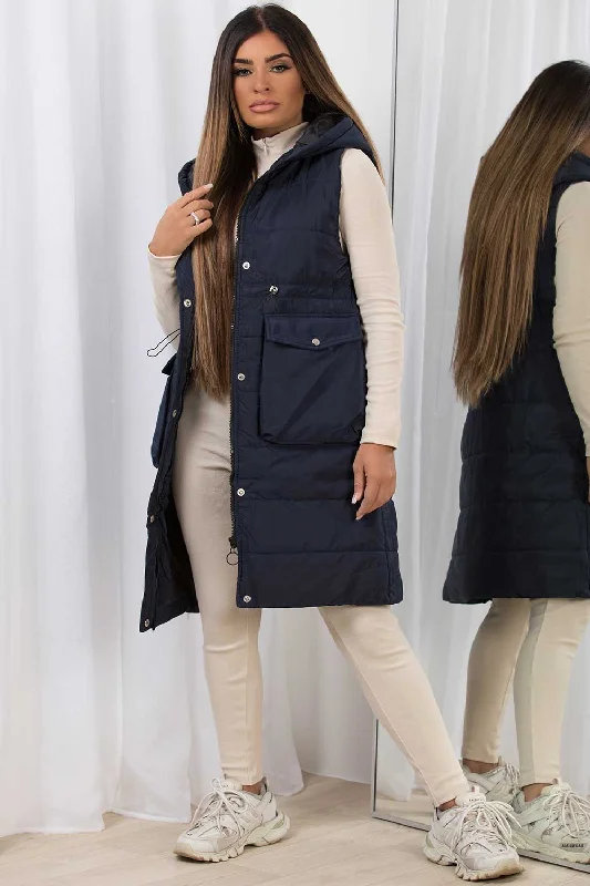 Navy Padded Gilet With Drawstring Waist Longline