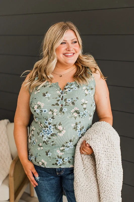 Simply Flourishing Floral Tank Top- Dusty Sage