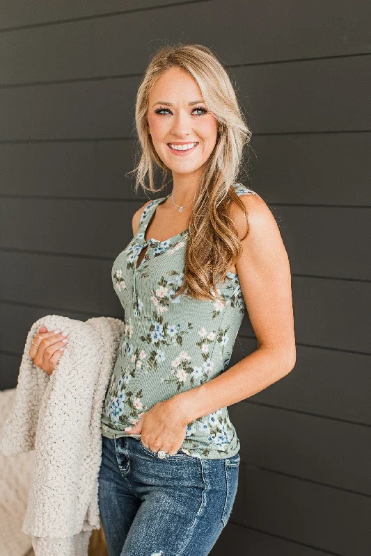 Simply Flourishing Floral Tank Top- Dusty Sage