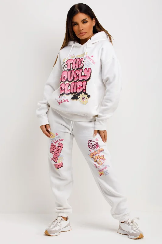 Tracksuit Hoodie Joggers Set With Graphic Print White