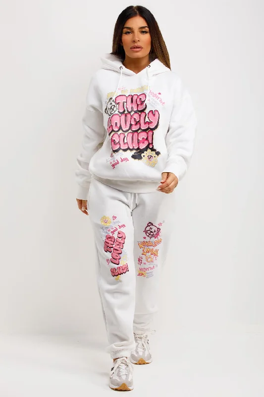 Tracksuit Hoodie Joggers Set With Graphic Print White