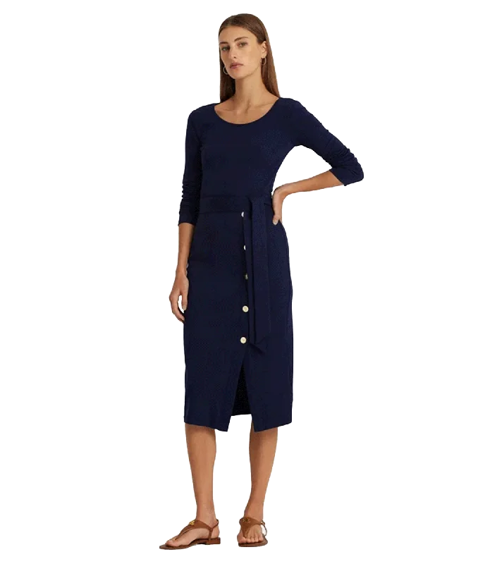 Belted Navy Rib-Knit Dress - Navy