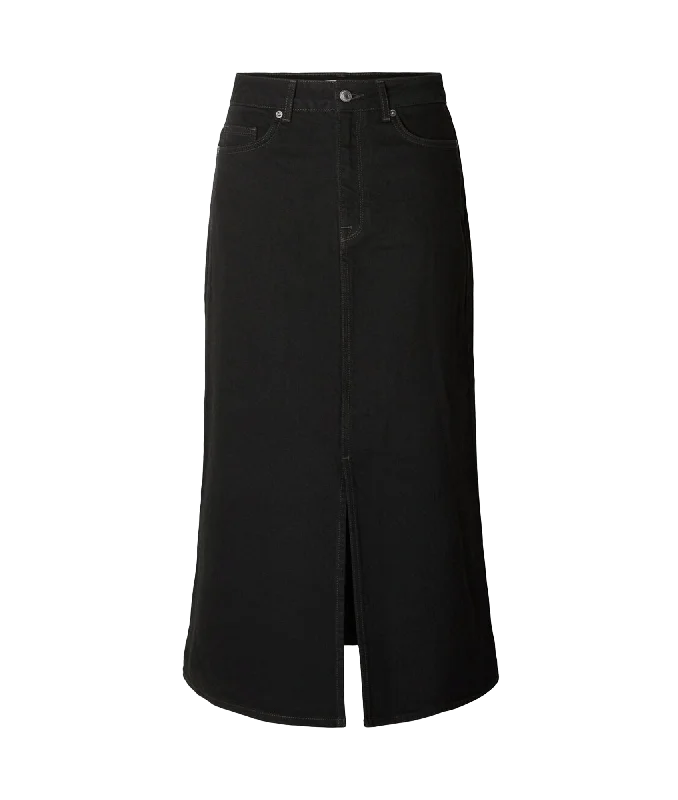 Black Denim Midi Skirt - Black