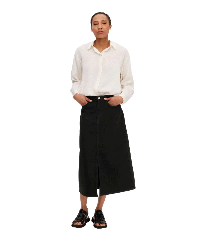 Black Denim Midi Skirt - Black