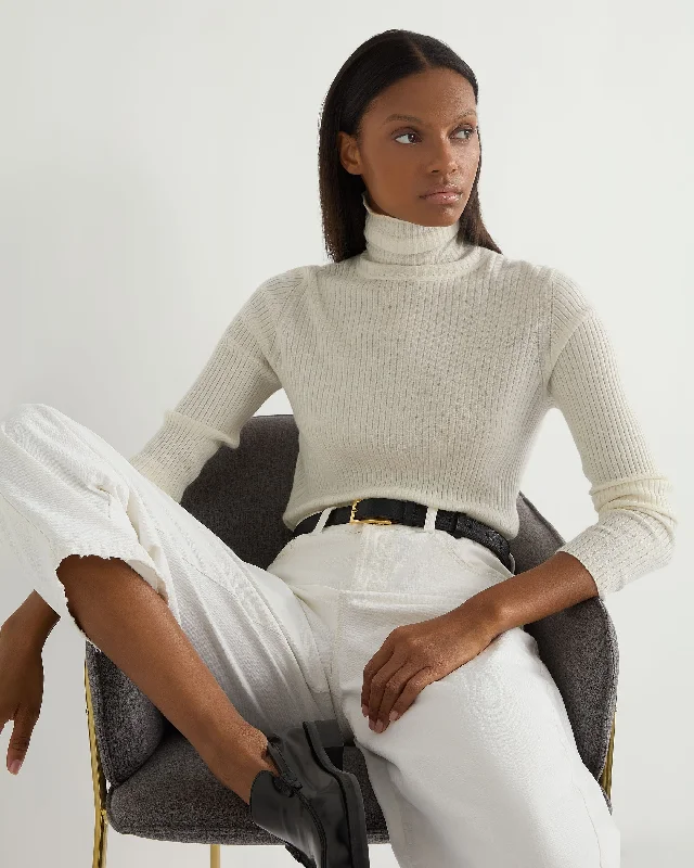 Women's Superfine Cashmere Ribbed Turtle Neck Sweater New Ivory White