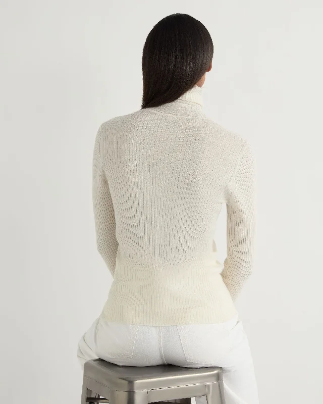 Women's Superfine Cashmere Ribbed Turtle Neck Sweater New Ivory White