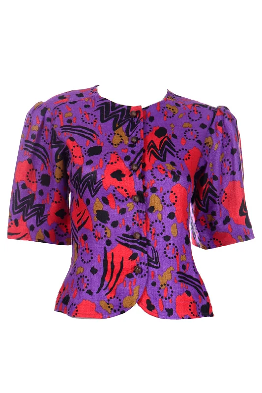 1980s Yves Saint Laurent Vintage Purple Linen Abstract Print Blouse