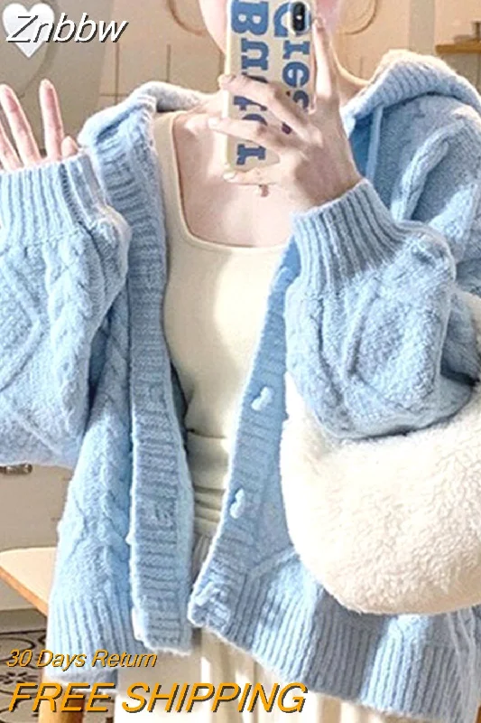 Znbbw Harajuku Blue Knitted Cardigan Women Vintage Hooded Cropped Sweater Sweet Loose Casual Knitwear Y2K Tops Korean Fashion