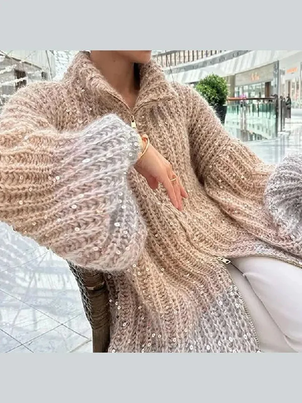 Znbbw Women Fashion Gradual Sequin Knit Cardigan Elegant Loose Lantern Sleeves Zipper Sweater 2023 Autumn Winter Female Knitwear Tops