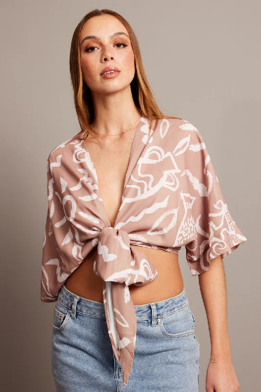 Beige Abstract Tie Up Bolero Short Sleeve