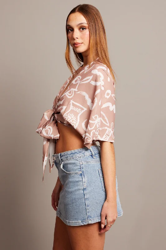 Beige Abstract Tie Up Bolero Short Sleeve