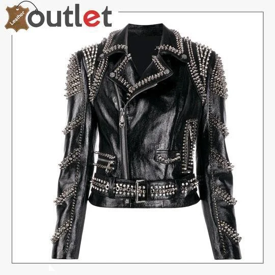 Black Lambskin Perfecto Spike-Stud Biker Jacket