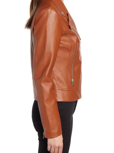 Brown Lapel Collar Leather Jacket For Women