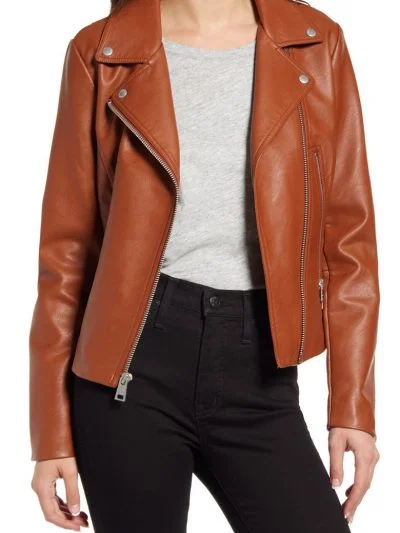 Brown Lapel Collar Leather Jacket For Women