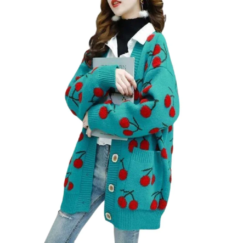 Cherry Pattern Korean Style Knitted Ladies Cardigan Casual Kawaii Harajuku Fruit Geek Chic