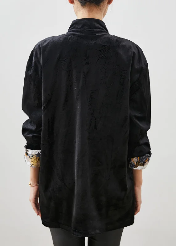 Chinese Style Black Mandarin Collar Embroidered Velour Shirts Spring