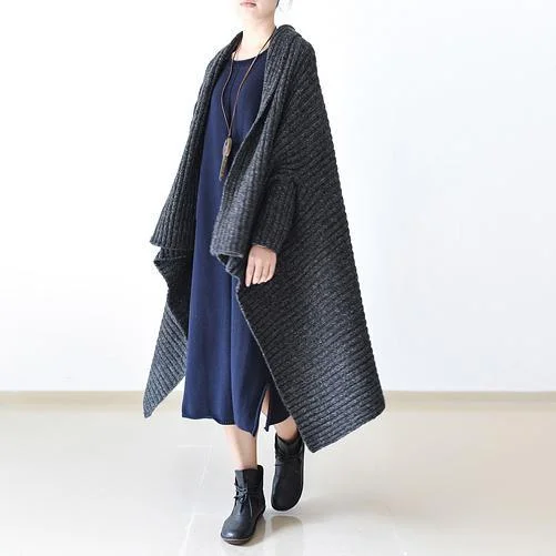 Dark gray oversize cape jacket long knit outwear loose casual woolen sweaters