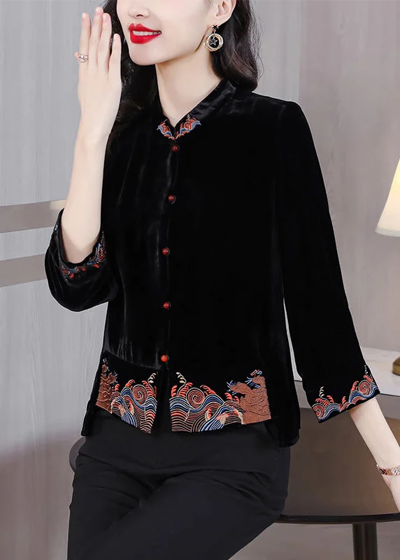 DIY Black Stand Collar Embroideried Silk Velour Coats Fall