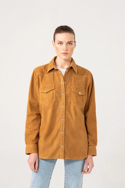 Elegant Women's Camel Suede Shirt Jacket