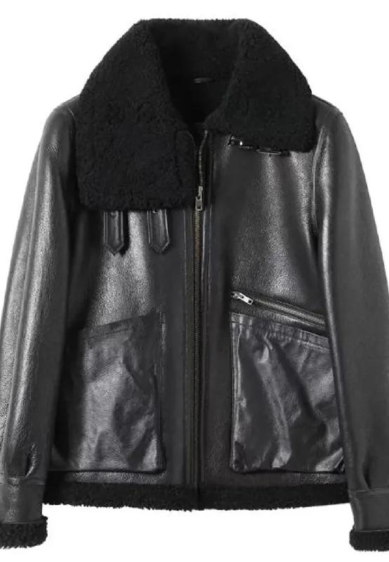 Women’s Black Leather Black Shearling Big Collared Jacket