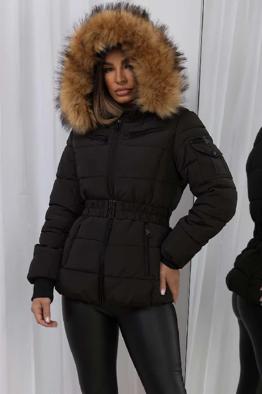 Faux Fur Hood Puffer Jacket With Belt