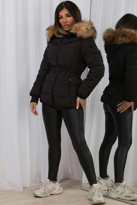 Faux Fur Hood Puffer Jacket With Belt