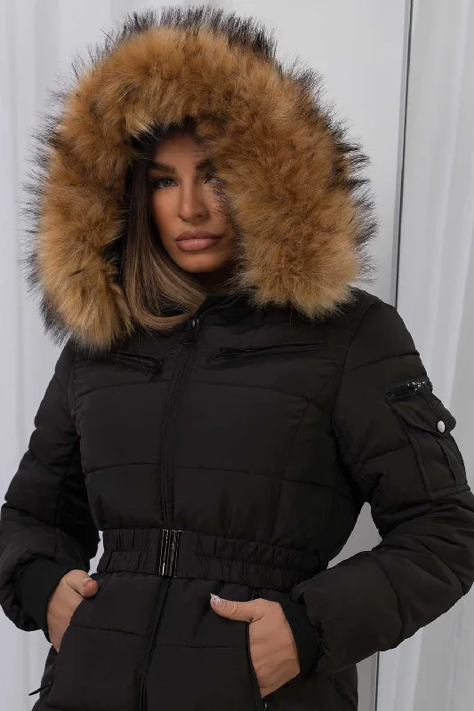 Faux Fur Hood Puffer Jacket With Belt