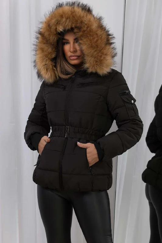 Faux Fur Hood Puffer Jacket With Belt