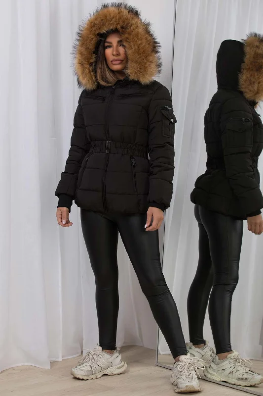 Faux Fur Hood Puffer Jacket With Belt