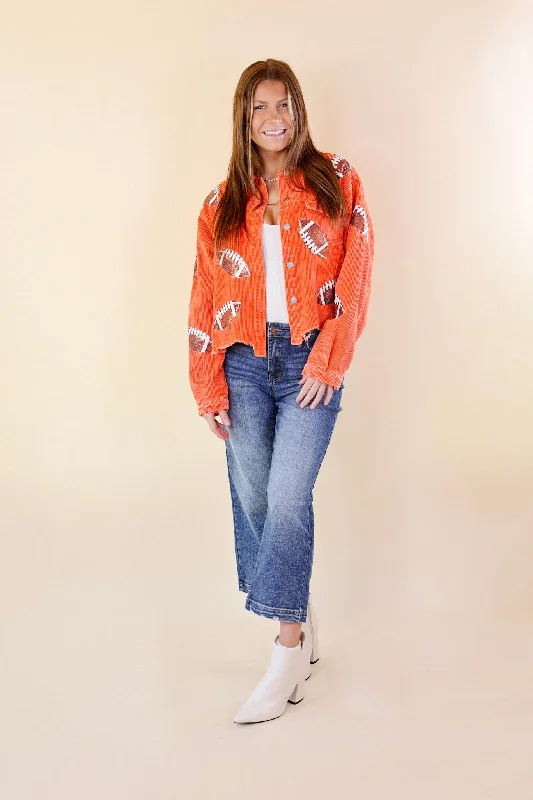 Gameday Ready Corduroy Shacket with Sequin Football Patches in Orange