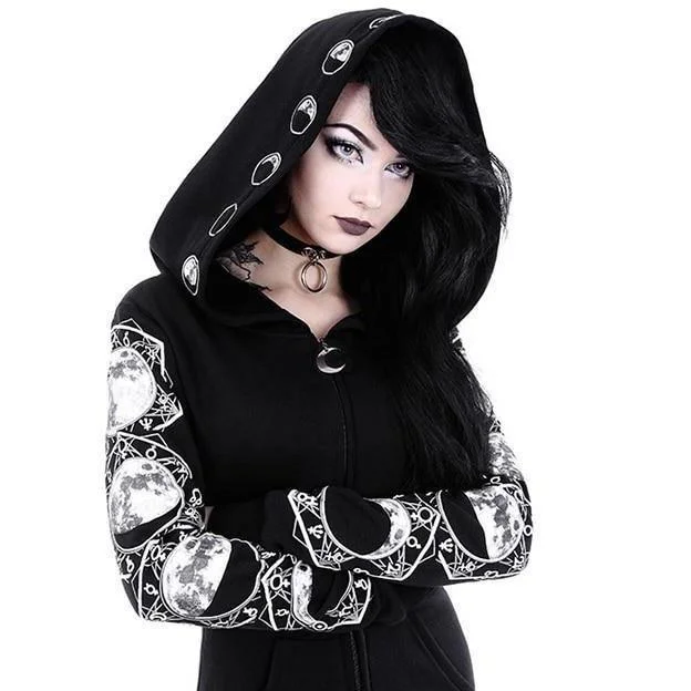 Moon Phase Gothic Punk Women's Jacket Long Sleeve Casual Women's Hoodie Rock Clothing Mall Goth Fashion